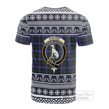 Hunter (Hunterston) Clan Tartan Christmas Cotton T-shirt with Family Crest