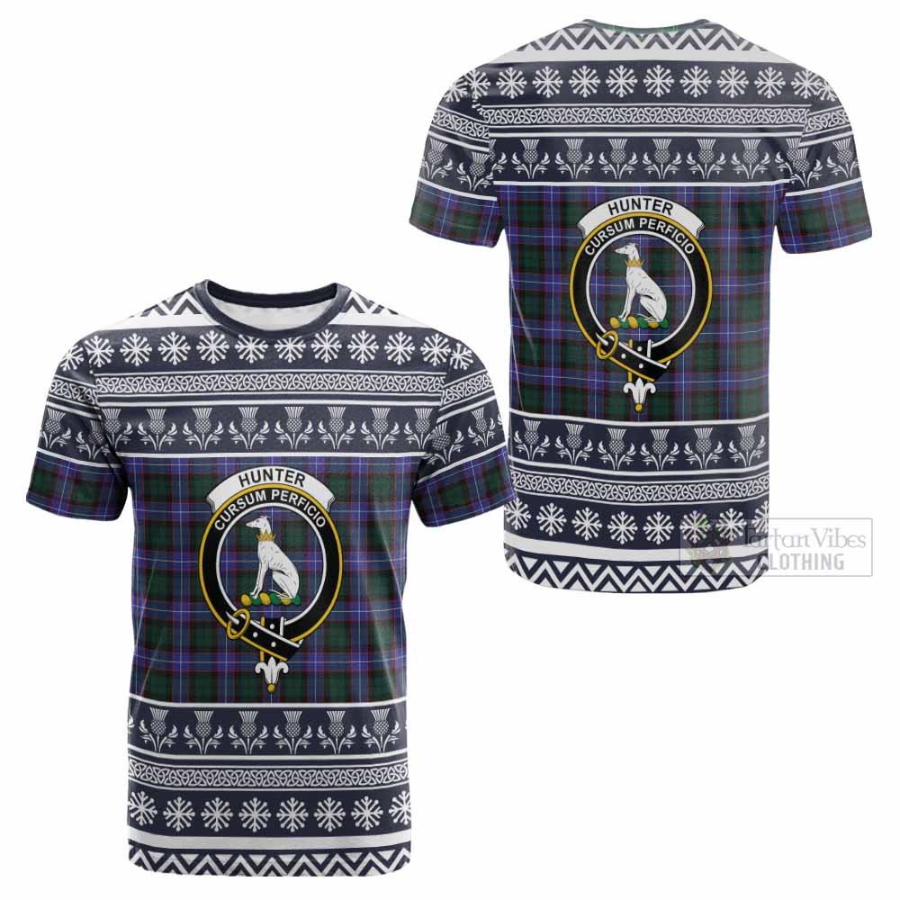 Hunter (Hunterston) Clan Tartan Christmas Cotton T-shirt with Family Crest - Tartan Vibes Clothing