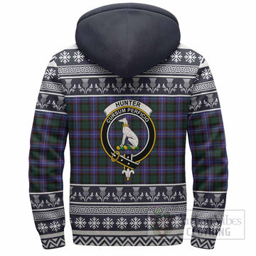 Hunter (Hunterston) Clan Tartan Christmas Fleece Hoodie with Family Crest