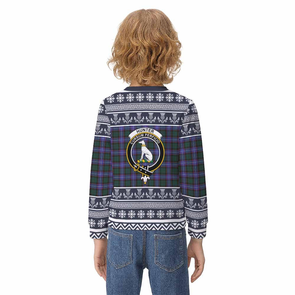 Hunter (Hunterston) Clan Tartan Christmas Kid Ugly Sweatshirt with Family Crest - Tartan Vibes Clothing