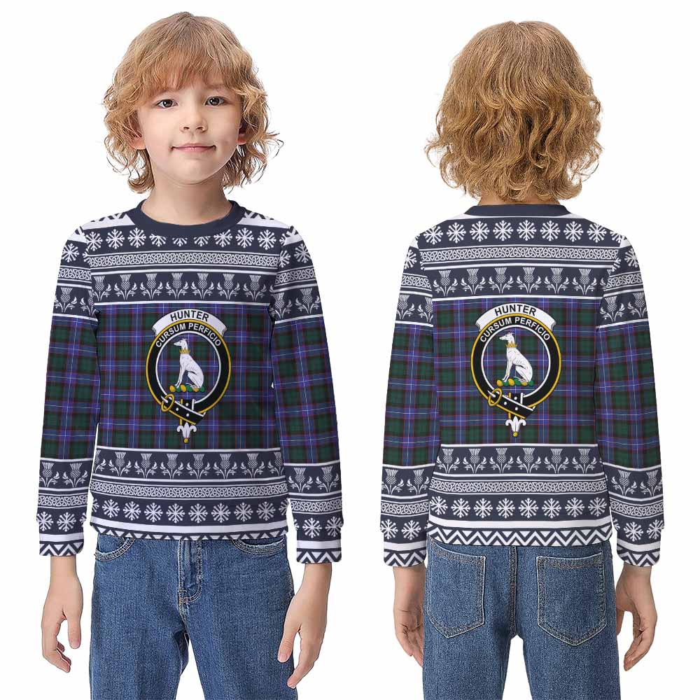 Hunter (Hunterston) Clan Tartan Christmas Kid Ugly Sweatshirt with Family Crest - Tartan Vibes Clothing