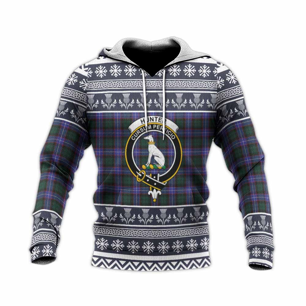Hunter (Hunterston) Clan Tartan Christmas Knitted Hoodie with Family Crest - Tartan Vibes Clothing