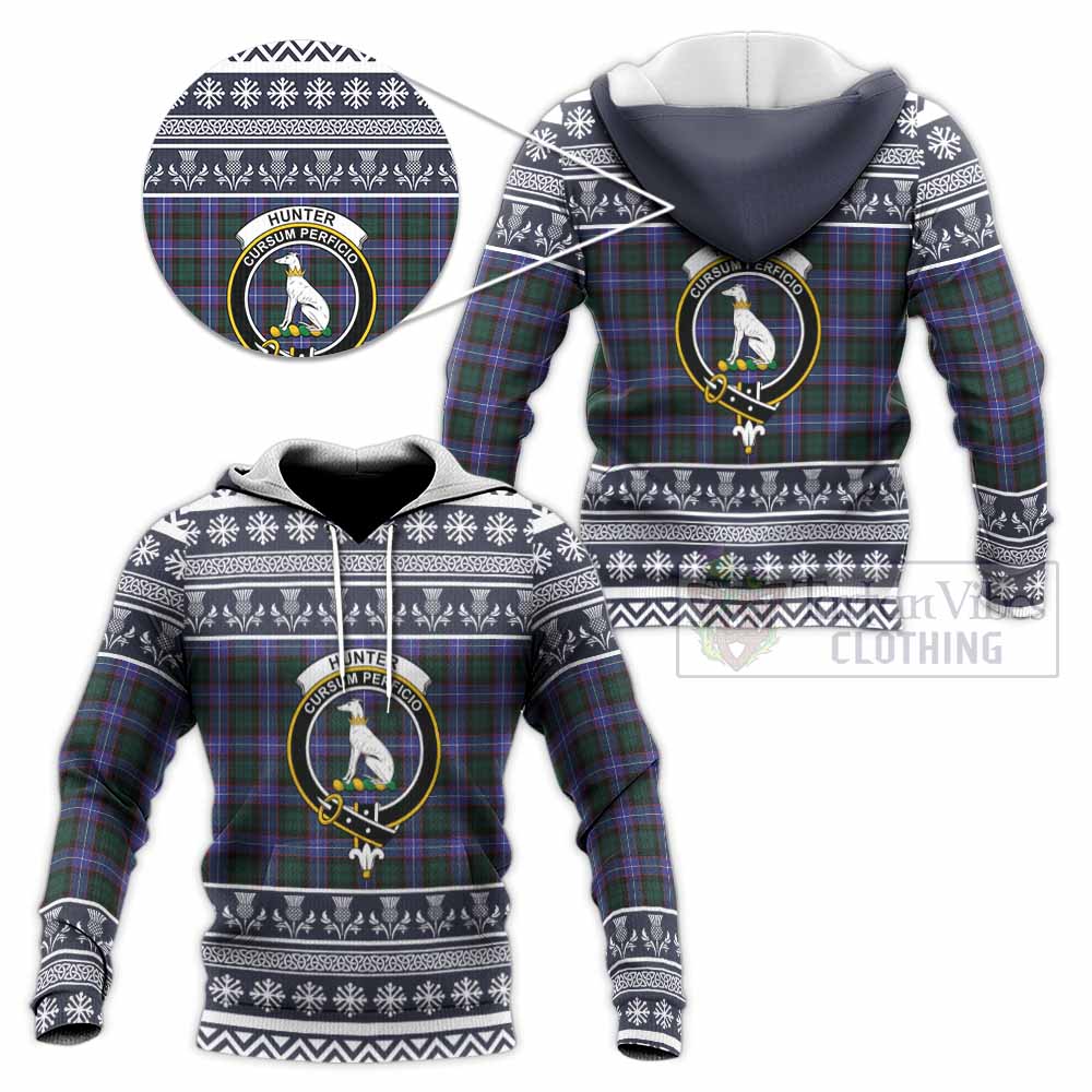Hunter (Hunterston) Clan Tartan Christmas Knitted Hoodie with Family Crest - Tartan Vibes Clothing