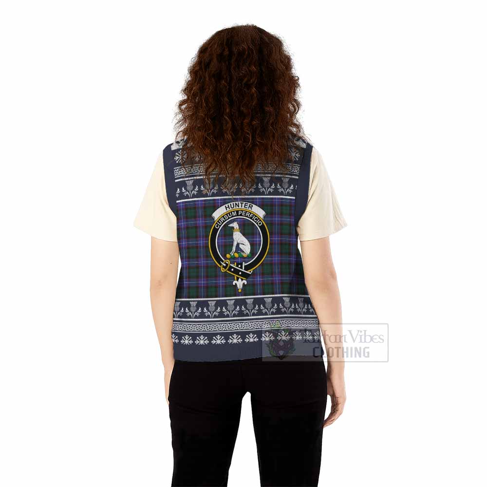 Hunter (Hunterston) Clan Tartan Christmas Knitted V-Neck Vest with Family Crest - Tartan Vibes Clothing