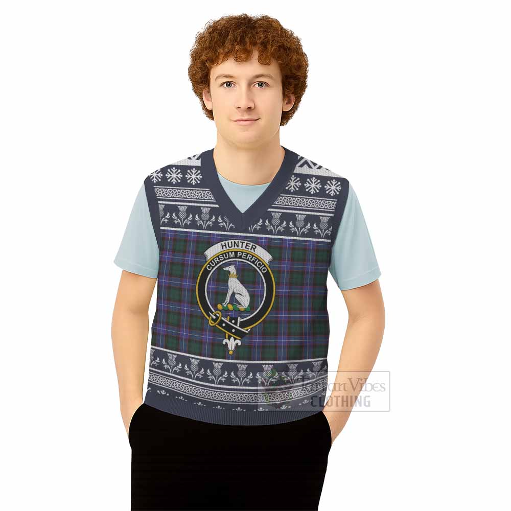 Hunter (Hunterston) Clan Tartan Christmas Knitted V-Neck Vest with Family Crest - Tartan Vibes Clothing