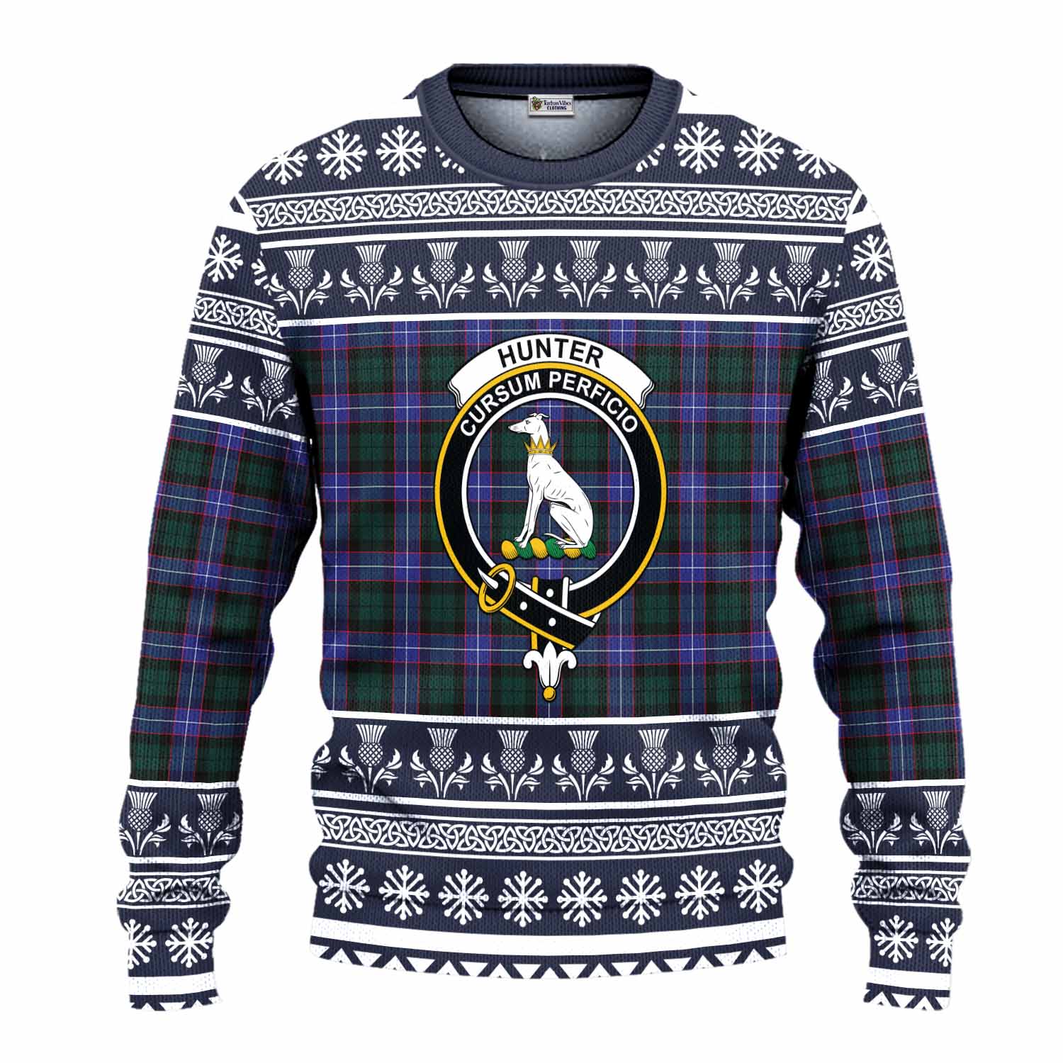 Hunter (Hunterston) Clan Tartan Christmas Ugly Sweater with Family Crest - Tartan Vibes Clothing