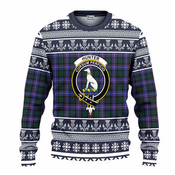 Hunter (Hunterston) Clan Tartan Christmas Ugly Sweater with Family Crest