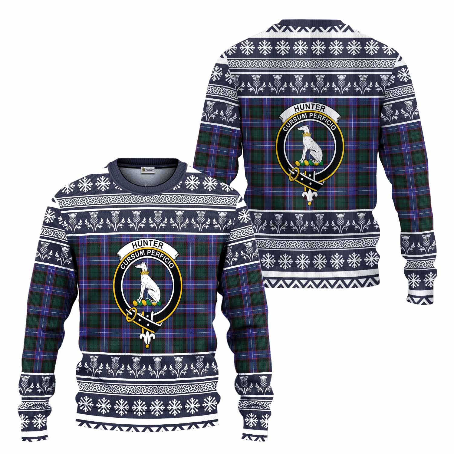Hunter (Hunterston) Clan Tartan Christmas Ugly Sweater with Family Crest - Tartan Vibes Clothing