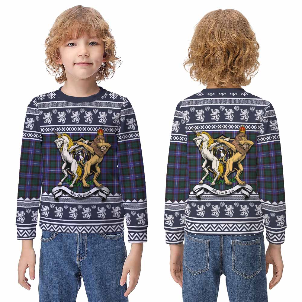 Hunter (Hunterston) Clan Tartan Crest Christmas Kid Ugly Sweatshirt Coat of Arms Funny Style - Tartan Vibes Clothing