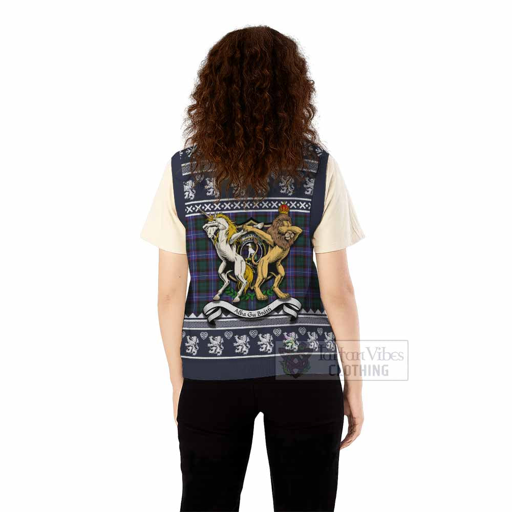 Hunter (Hunterston) Clan Tartan Crest Christmas Knitted V-Neck Vest Coat of Arms Funny Style - Tartan Vibes Clothing