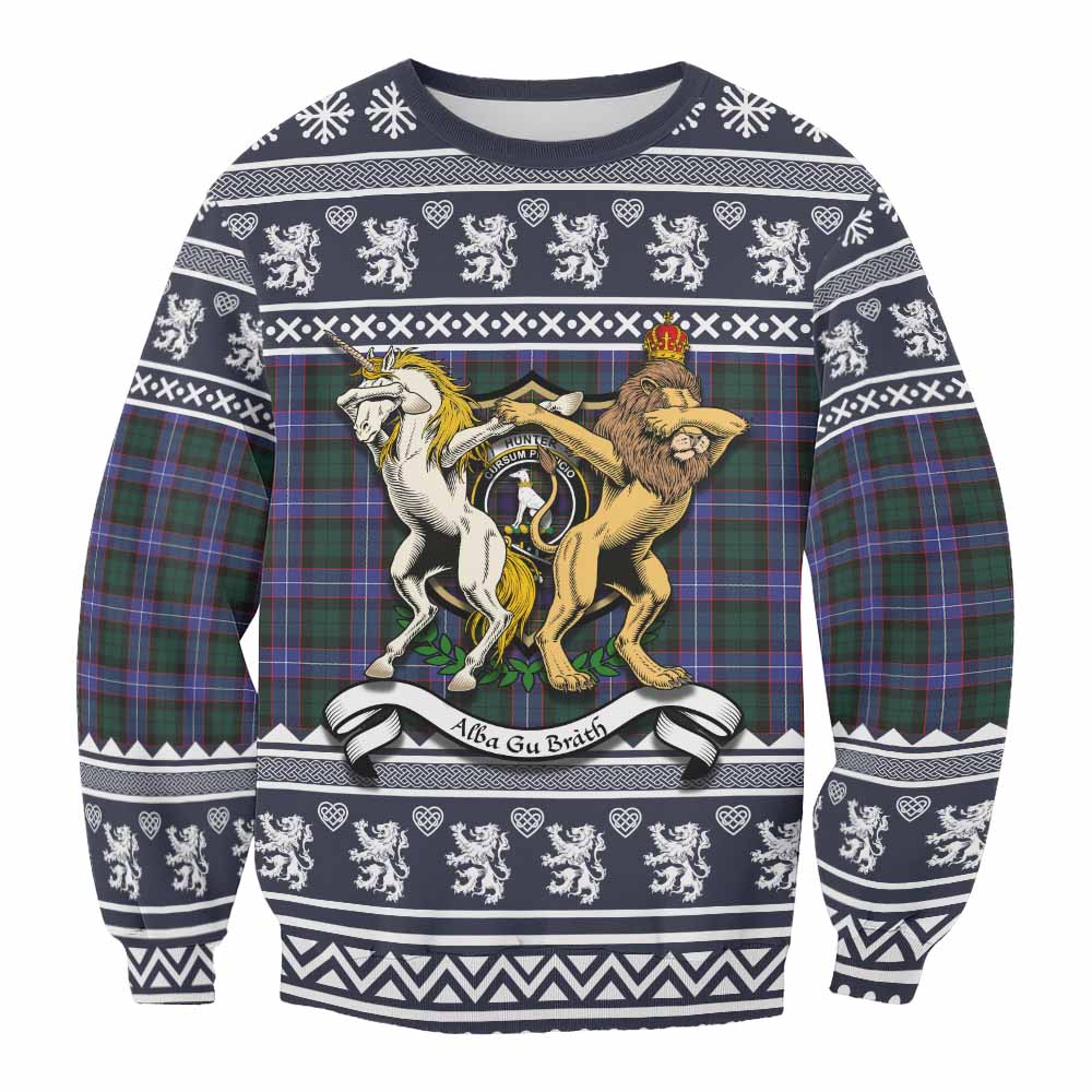 Hunter (Hunterston) Clan Tartan Crest Christmas Sweatshirt Coat of Arms Funny Style - Tartan Vibes Clothing
