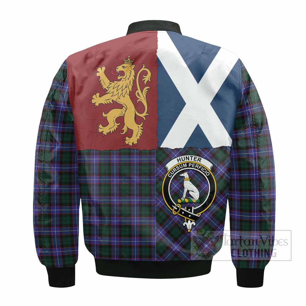 Hunter (Hunterston) Crest Tartan Bomber Jacket with Lion Rampant Saltire Style