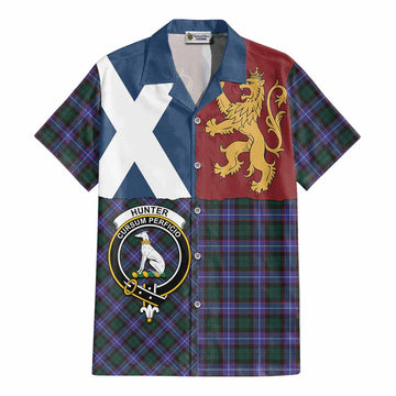 Hunter (Hunterston) Crest Tartan Cotton Hawaiian Shirt with Lion Rampant Saltire Style