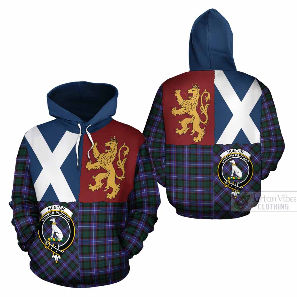 Hunter (Hunterston) Crest Tartan Cotton Hoodie with Lion Rampant Saltire Style - Tartan Vibes Clothing