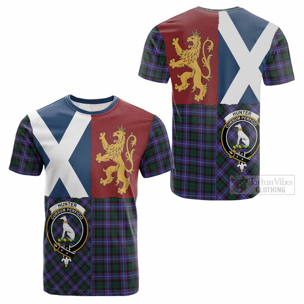 Hunter (Hunterston) Crest Tartan Cotton T-shirt with Lion Rampant Saltire Style - Tartan Vibes Clothing