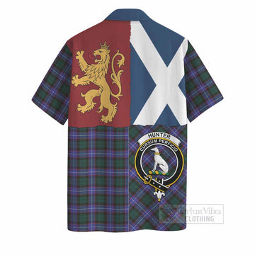 Hunter (Hunterston) Crest Tartan Hawaiian Shirt with Lion Rampant Saltire Style