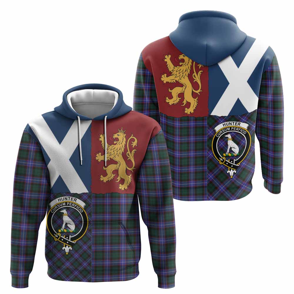 Hunter (Hunterston) Crest Tartan Hoodie with Lion Rampant Saltire Style