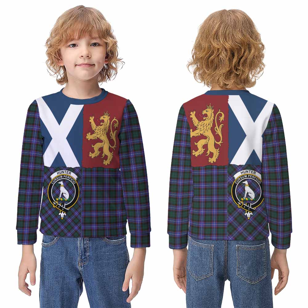 Hunter (Hunterston) Crest Tartan Kid Knitted Sweatshirt with Lion Rampant Saltire Style - Tartan Vibes Clothing