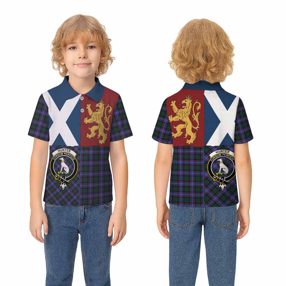Hunter (Hunterston) Crest Tartan Kid Polo Shirt with Lion Rampant Saltire Style - Tartan Vibes Clothing
