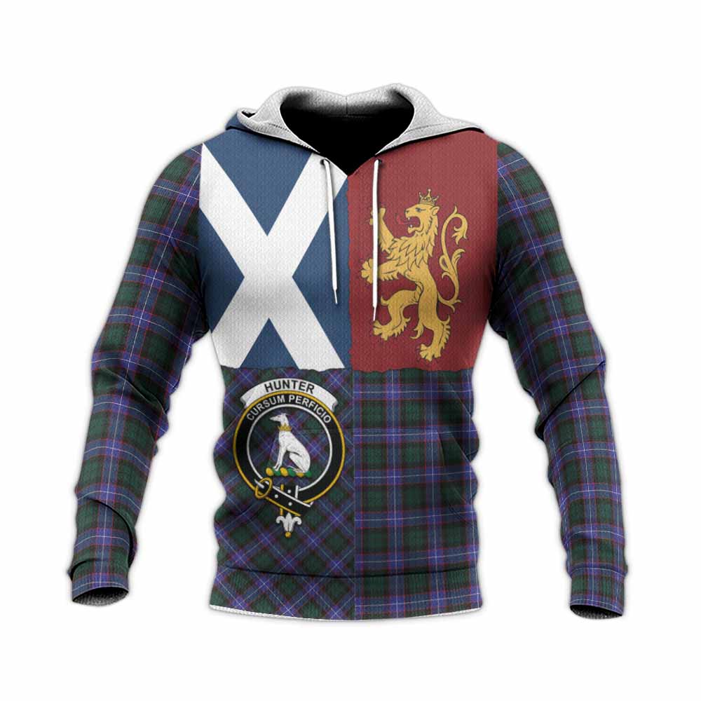 Hunter (Hunterston) Crest Tartan Knitted Hoodie with Lion Rampant Saltire Style