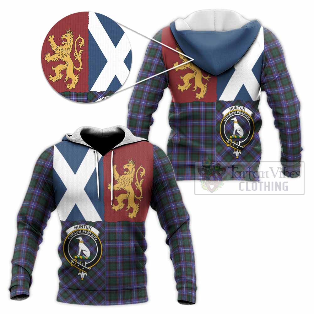 Hunter (Hunterston) Crest Tartan Knitted Hoodie with Lion Rampant Saltire Style