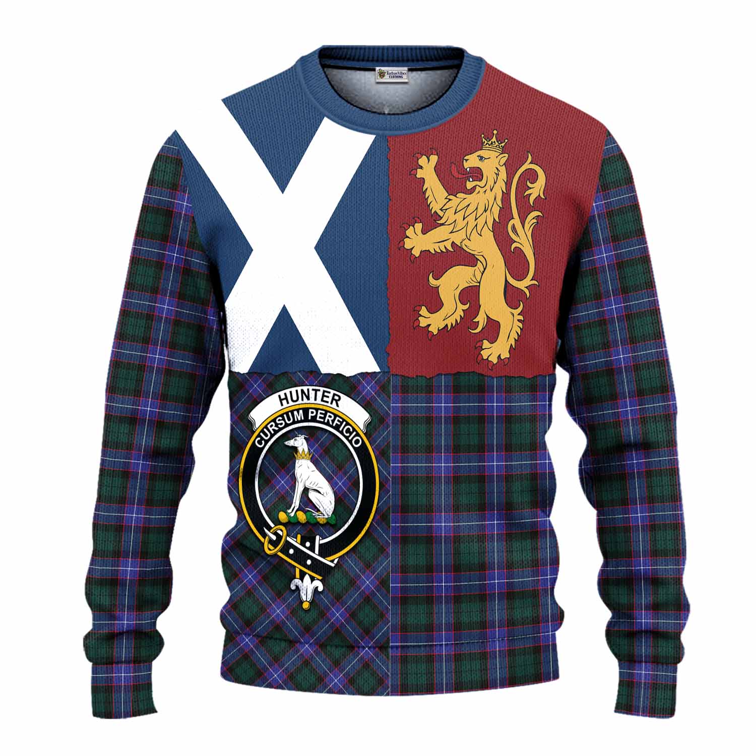 Hunter (Hunterston) Crest Tartan Knitted Sweater with Lion Rampant Saltire Style