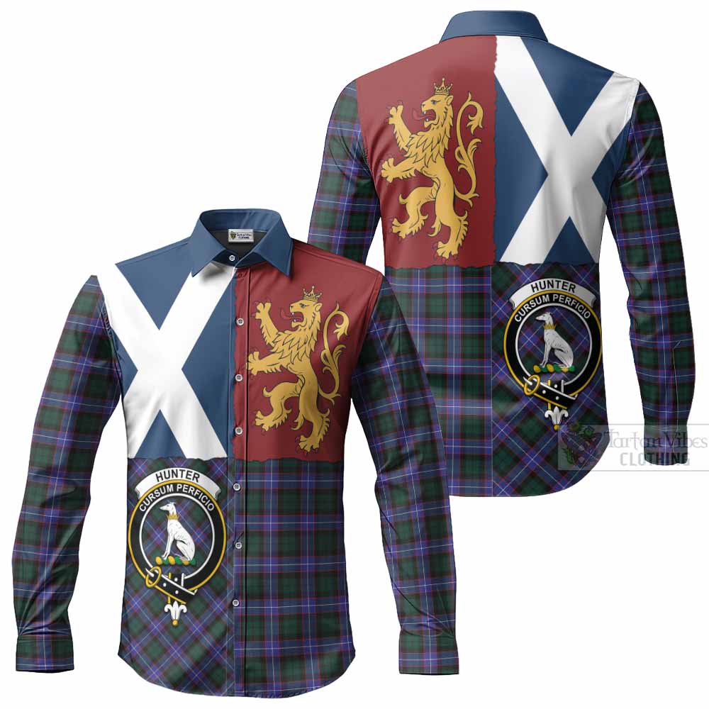 Hunter (Hunterston) Crest Tartan Long Sleeve Button Shirts with Lion Rampant Saltire Style