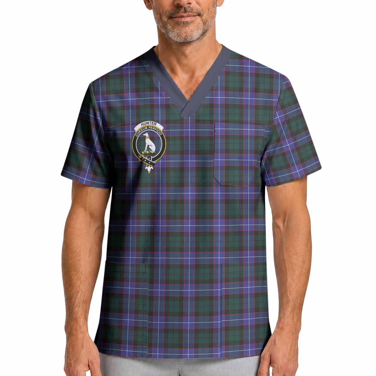 Hunter (Hunterston) Crest Tartan Scrub Top XL - Tartan Vibes Clothing