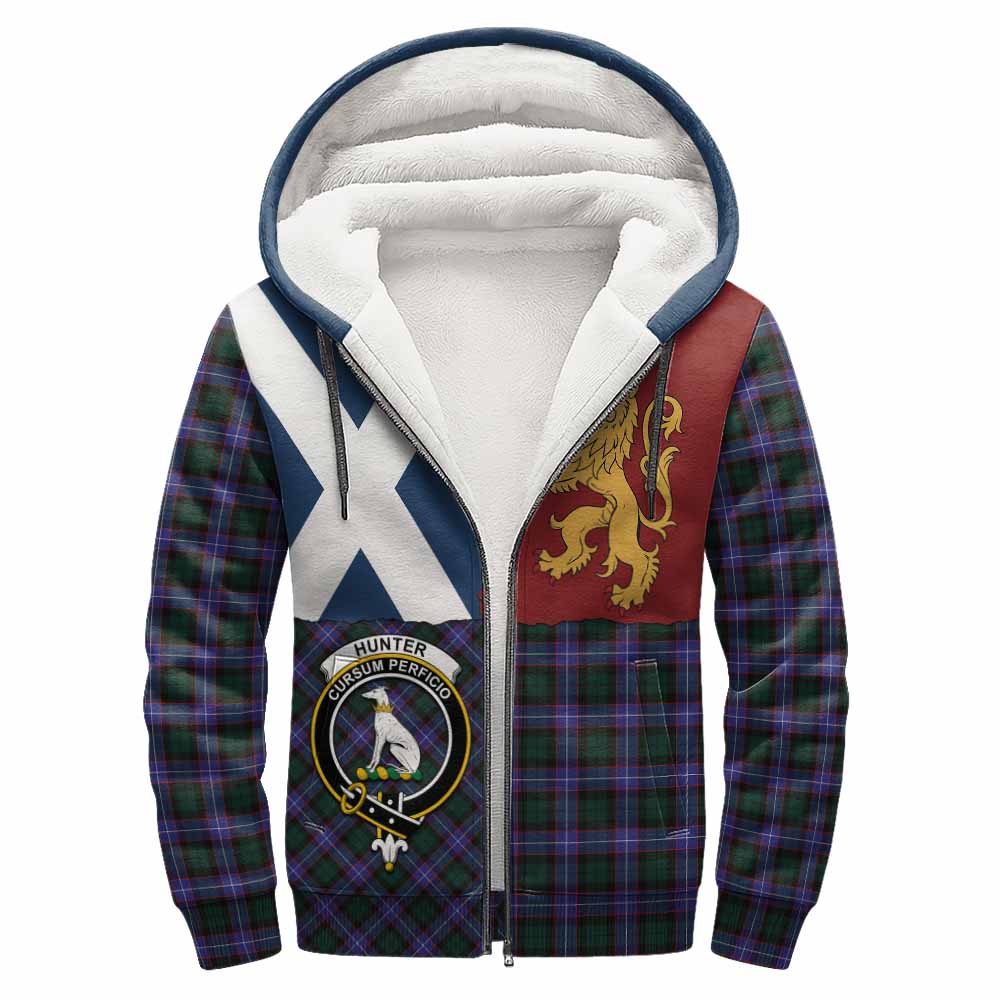 Hunter (Hunterston) Crest Tartan Sherpa Hoodie with Lion Rampant Saltire Style