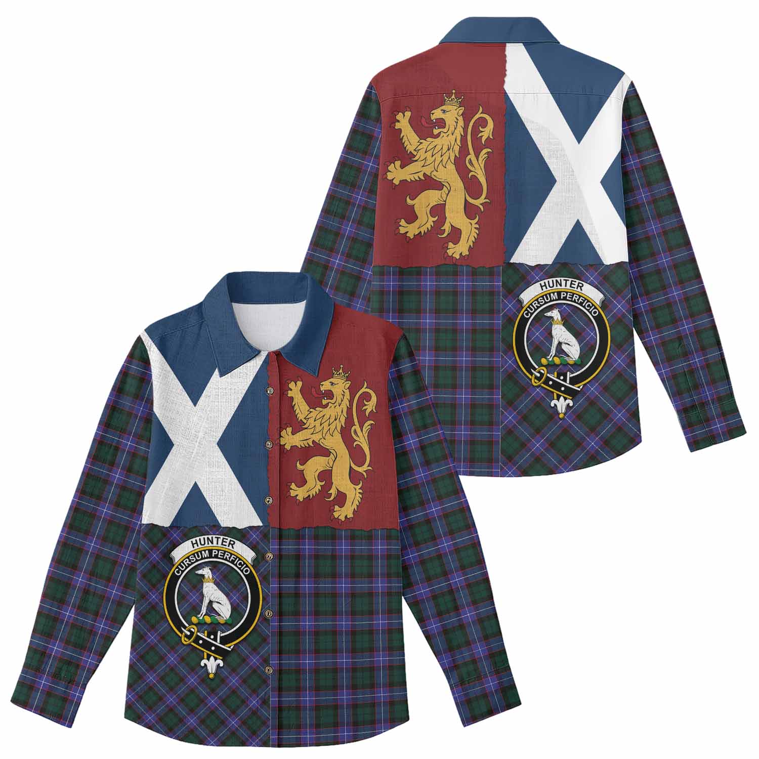 Hunter (Hunterston) Crest Tartan Women Casual Shirt with Lion Rampant Saltire Style