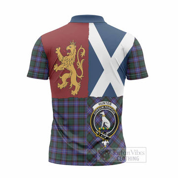 Hunter (Hunterston) Crest Tartan Zipper Polo Shirt with Lion Rampant Saltire Style