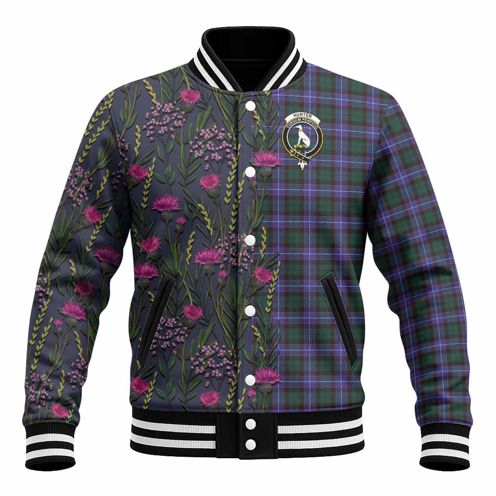 Hunter (Hunterston) Family Crest Tartan Baseball Jacket Scottish Thistle Flower Pattern Half Style - Tartan Vibes Clothing