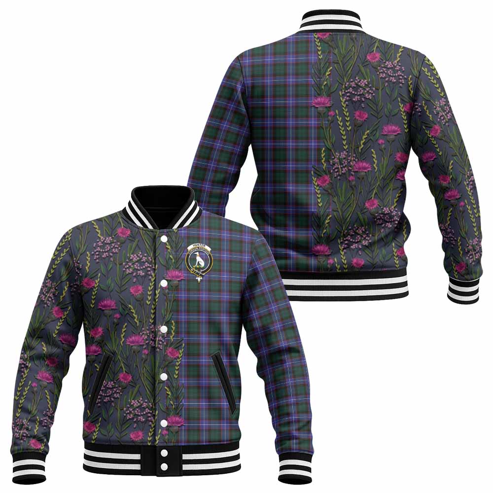 Hunter (Hunterston) Family Crest Tartan Baseball Jacket Scottish Thistle Flower Pattern Half Style - Tartan Vibes Clothing