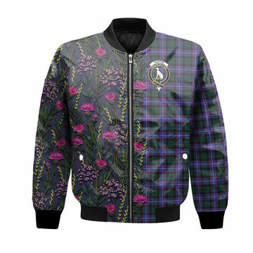 Hunter (Hunterston) Family Crest Tartan Bomber Jacket Scottish Thistle Flower Pattern Half Style