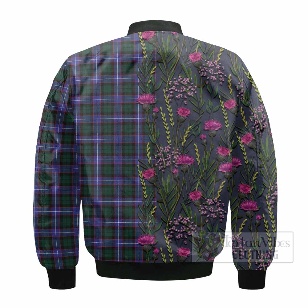 Hunter (Hunterston) Family Crest Tartan Bomber Jacket Scottish Thistle Flower Pattern Half Style - Tartan Vibes Clothing