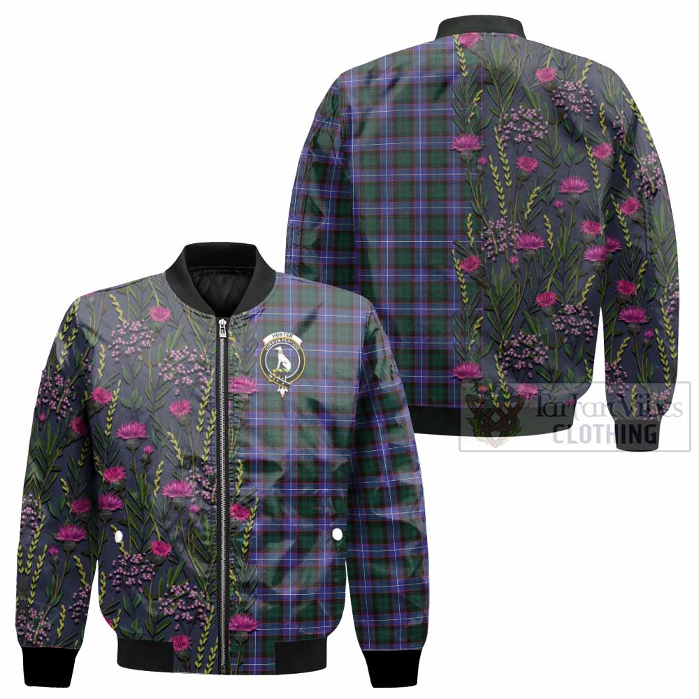 Hunter (Hunterston) Family Crest Tartan Bomber Jacket Scottish Thistle Flower Pattern Half Style - Tartan Vibes Clothing