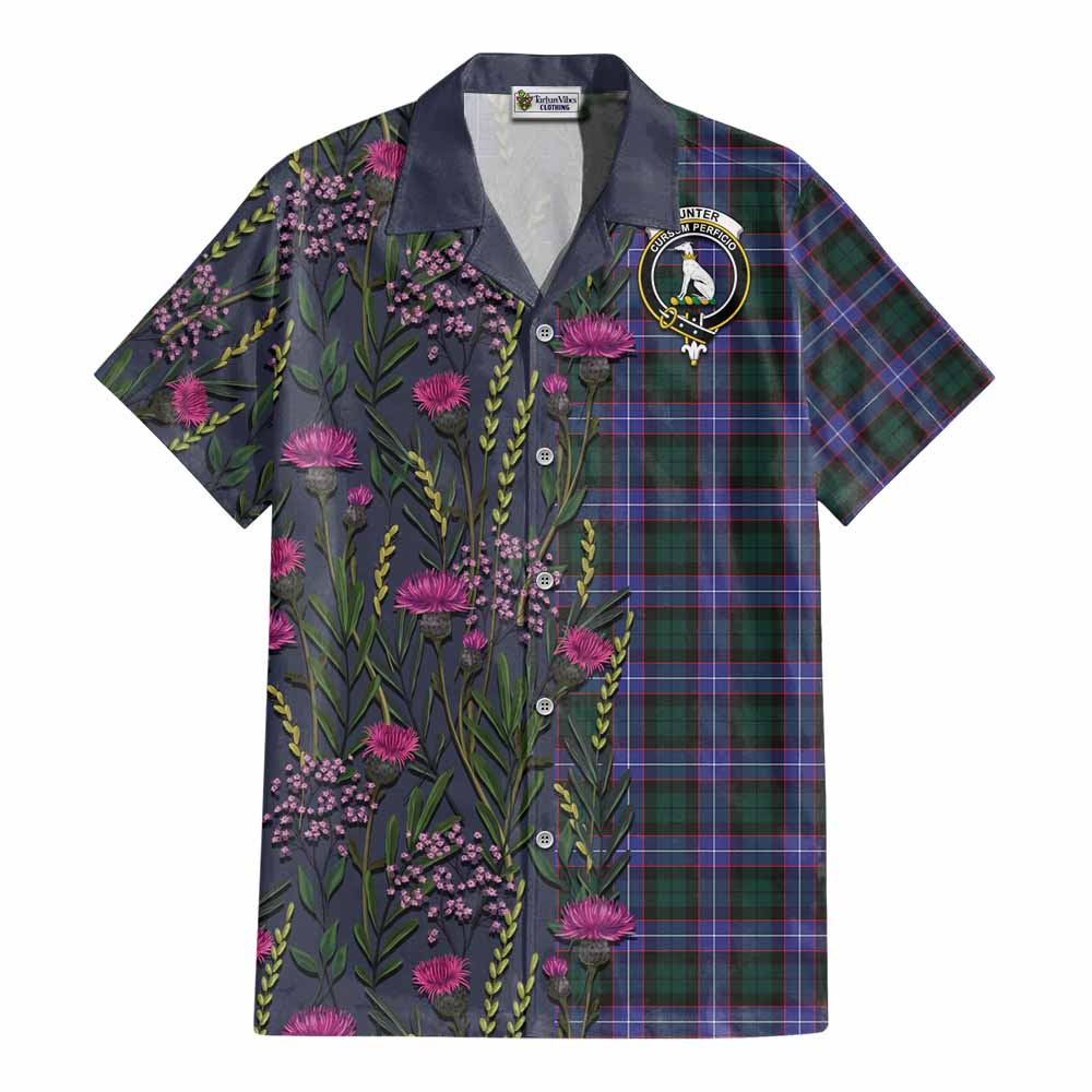 Hunter (Hunterston) Family Crest Tartan Cotton Hawaiian Shirt Scottish Thistle Flower Pattern Half Style - Tartan Vibes Clothing