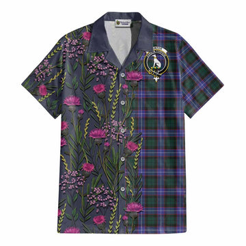 Hunter (Hunterston) Family Crest Tartan Cotton Hawaiian Shirt Scottish Thistle Flower Pattern Half Style