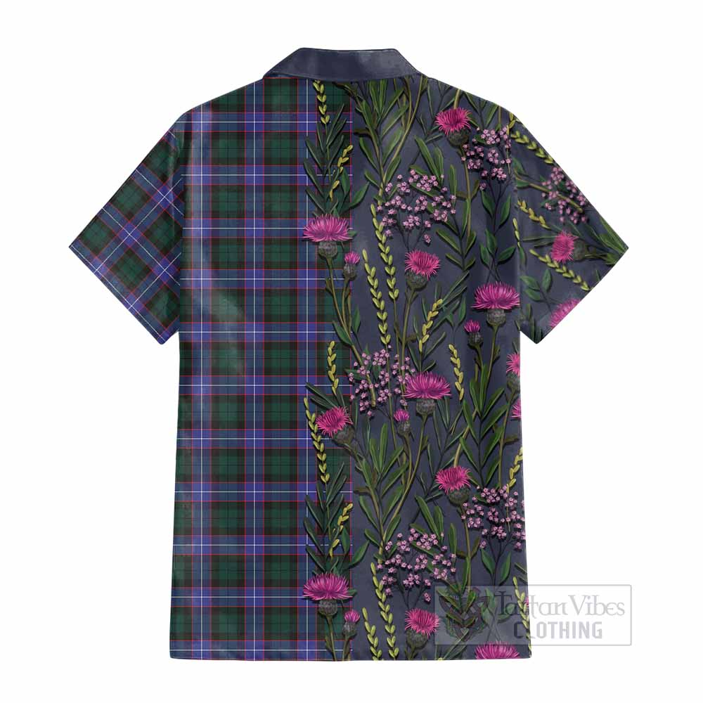 Hunter (Hunterston) Family Crest Tartan Cotton Hawaiian Shirt Scottish Thistle Flower Pattern Half Style - Tartan Vibes Clothing