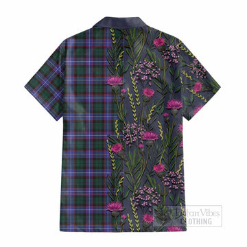 Hunter (Hunterston) Family Crest Tartan Cotton Hawaiian Shirt Scottish Thistle Flower Pattern Half Style