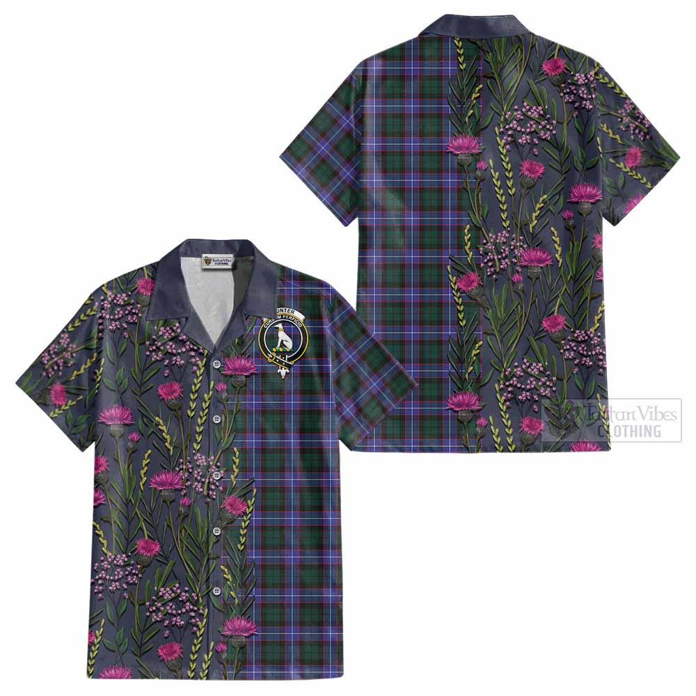 Hunter (Hunterston) Family Crest Tartan Cotton Hawaiian Shirt Scottish Thistle Flower Pattern Half Style - Tartan Vibes Clothing