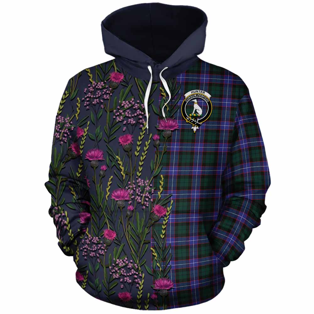 Hunter (Hunterston) Family Crest Tartan Cotton Hoodie Scottish Thistle Flower Pattern Half Style - Tartan Vibes Clothing