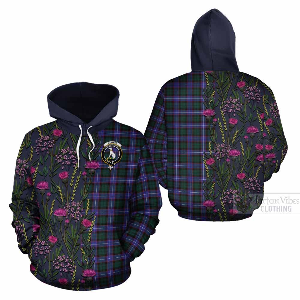 Hunter (Hunterston) Family Crest Tartan Cotton Hoodie Scottish Thistle Flower Pattern Half Style - Tartan Vibes Clothing