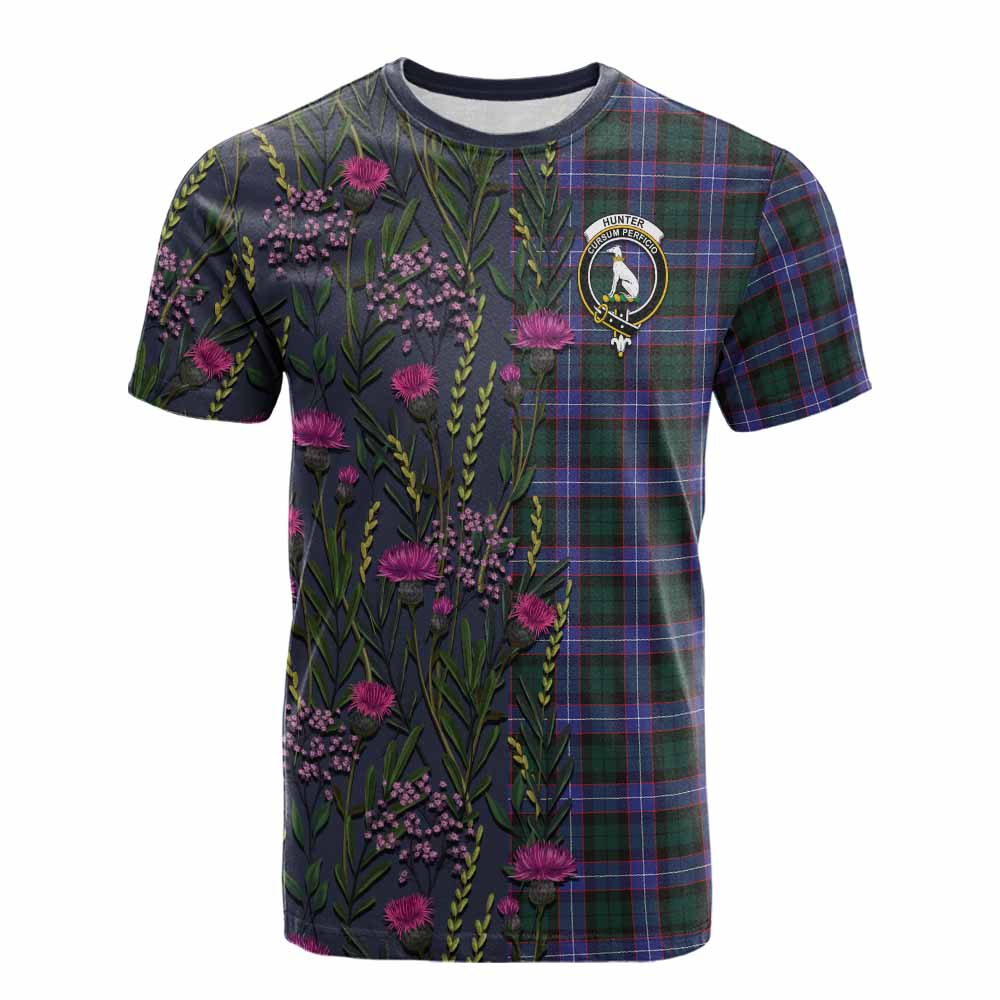 Hunter (Hunterston) Family Crest Tartan Cotton T-shirt Scottish Thistle Flower Pattern Half Style - Tartan Vibes Clothing