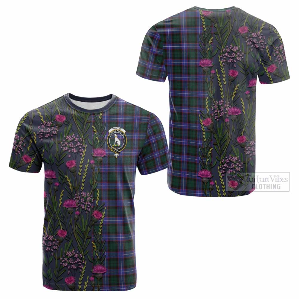 Hunter (Hunterston) Family Crest Tartan Cotton T-shirt Scottish Thistle Flower Pattern Half Style - Tartan Vibes Clothing