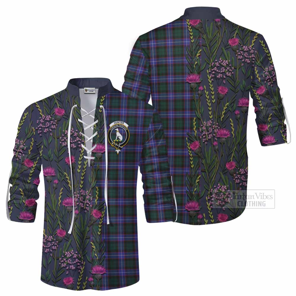 Hunter (Hunterston) Family Crest Tartan Ghillie Shirt Scottish Thistle Flower Pattern Half Style - Tartan Vibes Clothing
