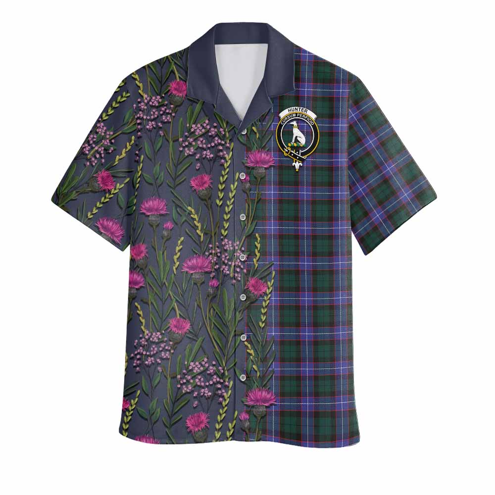 Hunter (Hunterston) Family Crest Tartan Hawaiian Shirt Scottish Thistle Flower Pattern Half Style - Tartan Vibes Clothing