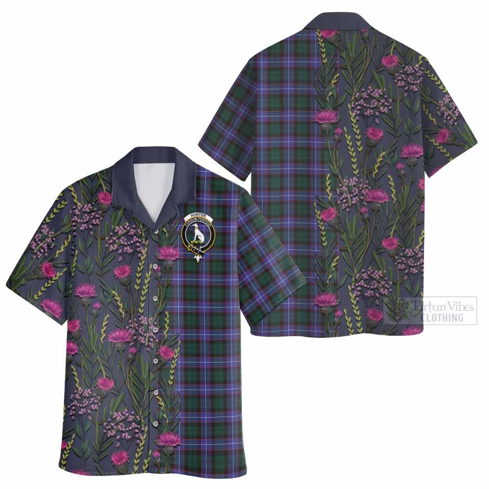 Hunter (Hunterston) Family Crest Tartan Hawaiian Shirt Scottish Thistle Flower Pattern Half Style - Tartan Vibes Clothing