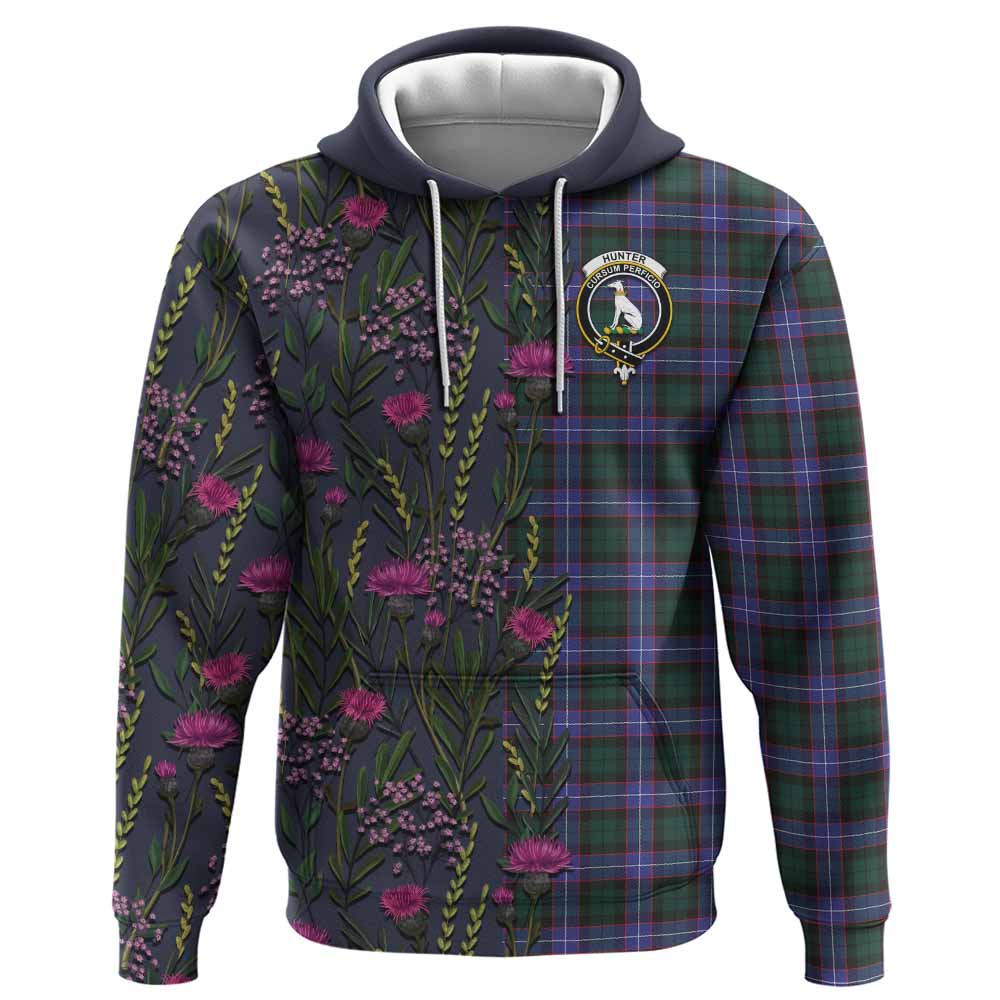Hunter (Hunterston) Family Crest Tartan Hoodie Scottish Thistle Flower Pattern Half Style - Tartan Vibes Clothing