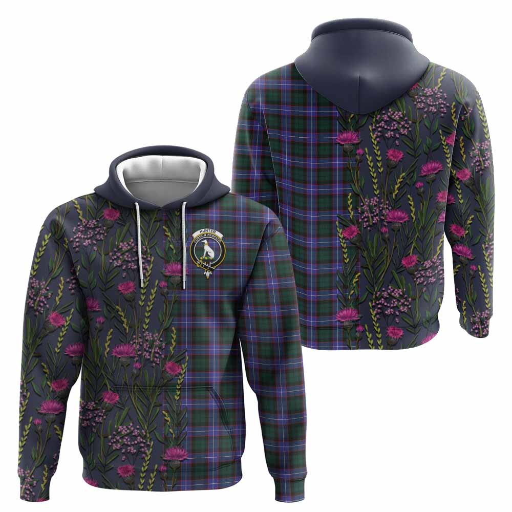 Hunter (Hunterston) Family Crest Tartan Hoodie Scottish Thistle Flower Pattern Half Style - Tartan Vibes Clothing